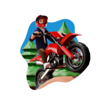 hombre montando moto y haciendo acrobacias extremas, ilustración de personajes en 3d png