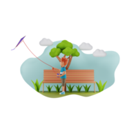 niño volando cometa en el parque ilustración de personajes 3d png