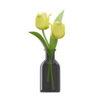 3D yellow tulips in vase isolated. 3D rendering png