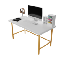 Desk with computer, earphones, pen. 3D rendering. png