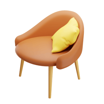 Silla de cuero marrón 3d con almohada amarilla. representación 3d png