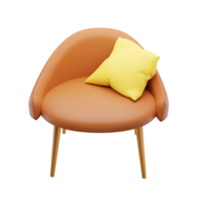 Chaise en cuir marron 3d avec oreiller jaune. rendu 3d png