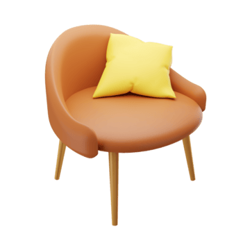 Silla de cuero marrón 3d con almohada amarilla. representación 3d png