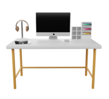Desk with computer, earphones, pen. 3D rendering. png