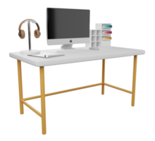 Desk with computer, earphones, pen. 3D rendering png