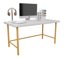 schreibtisch mit computer, kopfhörer, stift. 3D-Rendering png