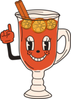 Retro Mulled wine in a cup. 30s cartoon mascot character -. 40s, 50s, 60s old animation style.Mulled wine with cinnamon. PNG in cartoon style. All elements are isolated