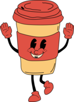 Retro cup of coffee 30s cartoon mascot character -. 40s, 50s, 60s old animation style. Hand drawn modern PNG illustration . Isolated coffee element