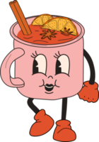 Retro Mulled wine in a cup. 30s cartoon mascot character -. 40s, 50s, 60s old animation style.Mulled wine with cinnamon.PNG in cartoon style. All elements are isolated png