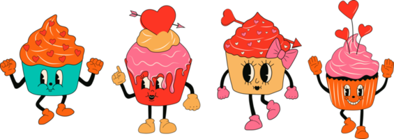 Retro set cupcake 30s cartoon mascots characters -. 40s, 50s, 60s old animation style.Valentine's Day cupcake style PNG. Happy, smile emotions. png