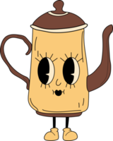 Retro kettle of coffee 30s cartoon mascot character -. 40s, 50s, 60s old animation style. Hand drawn modern PNG illustration . Isolated coffee element