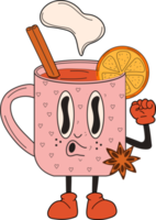 Retro Mulled wine in a cup. 30s cartoon mascot character -. 40s, 50s, 60s old animation style.Mulled wine with cinnamon. PNG in cartoon style. All elements are isolated