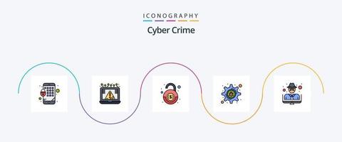 la línea de delitos cibernéticos llenó el paquete de iconos planos 5, incluido el hacker. error de configuración hacker seguridad vector