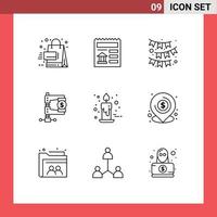 Set of 9 Vector Outlines on Grid for candle market celebrate income business Editable Vector Design Elements