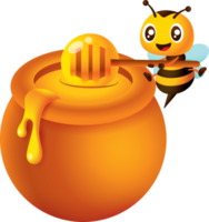 abeja linda de dibujos animados que lleva un cucharón de miel para tomar miel de la olla de miel. ilustración de personaje de abeja png