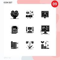 Set of 9 Vector Solid Glyphs on Grid for image document mail business internet Editable Vector Design Elements