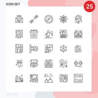 Modern Set of 25 Lines Pictograph of food setting compass gear globe Editable Vector Design Elements