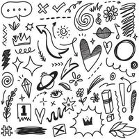 Abstract arrows, ribbons, fireworks, hearts, lightning,love , leaf, stars, cone, crowns and other elements in a hand drawn style for concept designs. Scribble illustration. vector