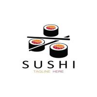 plantilla de logotipo de sushi. barra de ilustración de estilo de icono vectorial o tienda, sushi, rollo de salmón, sushi y rollos con barra de palillos o plantilla de logotipo de vector de restaurante