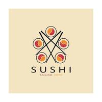 plantilla de logotipo de sushi. barra de ilustración de estilo de icono vectorial o tienda, sushi, rollo de salmón, sushi y rollos con barra de palillos o plantilla de logotipo de vector de restaurante