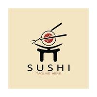 plantilla de logotipo de sushi. barra de ilustración de estilo de icono vectorial o tienda, sushi, rollo de salmón, sushi y rollos con barra de palillos o plantilla de logotipo de vector de restaurante