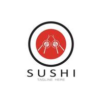 plantilla de logotipo de sushi. barra de ilustración de estilo de icono vectorial o tienda, sushi, rollo de salmón, sushi y rollos con barra de palillos o plantilla de logotipo de vector de restaurante