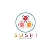 plantilla de logotipo de sushi. barra de ilustración de estilo de icono vectorial o tienda, sushi, rollo de salmón, sushi y rollos con barra de palillos o plantilla de logotipo de vector de restaurante