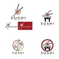 plantilla de logotipo de sushi. barra de ilustración de estilo de icono vectorial o tienda, sushi, rollo de salmón, sushi y rollos con barra de palillos o plantilla de logotipo de vector de restaurante