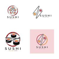 plantilla de logotipo de sushi. barra de ilustración de estilo de icono vectorial o tienda, sushi, rollo de salmón, sushi y rollos con barra de palillos o plantilla de logotipo de vector de restaurante