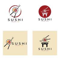 plantilla de logotipo de sushi. barra de ilustración de estilo de icono vectorial o tienda, sushi, rollo de salmón, sushi y rollos con barra de palillos o plantilla de logotipo de vector de restaurante