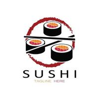 plantilla de logotipo de sushi. barra de ilustración de estilo de icono vectorial o tienda, sushi, rollo de salmón, sushi y rollos con barra de palillos o plantilla de logotipo de vector de restaurante