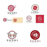 plantilla de logotipo de sushi. barra de ilustración de estilo de icono vectorial o tienda, sushi, rollo de salmón, sushi y rollos con barra de palillos o plantilla de logotipo de vector de restaurante