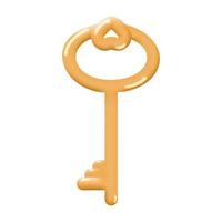 Golden glossy key decorated with a heart isolated on a white background. Romantic symbol of love. Cartoon key. Vector illustration.