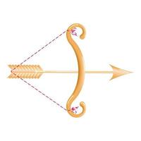 Golden bow 3d with a stretched string and a loaded golden arrow isolated on a white background. Cartoon yellow bow with arrow. Vector illustration.