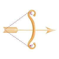 Golden bow 3d with a stretched string and a loaded golden arrow isolated on a white background. Cartoon yellow bow with arrow. Vector illustration.