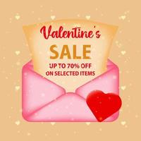 Discounts on selected items for Valentines Day. Envelope with a letter with the text discount on sale on a festive background. The concept of promoting purchases and discounts on selected items. vector