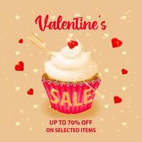 descuentos en artículos seleccionados para el día de san valentín. fondo para publicidad de ventas con cupcake dulce y texto de descuento. concepto de promoción de compras y descuentos en artículos seleccionados. vector. vector