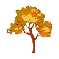 Autumn cartoon tree with red berries on white background. Tree with bunches of red berries close-up in flat style. Caricature illustrations. Symbol, logo illustration. Vector concept. Isolated object.