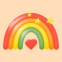 colorido arco iris 3d con estrellas y un corazón. arco iris de dibujos animados para decoración infantil. ilustración vectorial vector