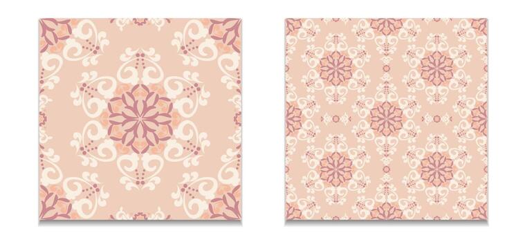 un conjunto de dos patrones de patrones de damasco sin costuras. rosa, color beige. para tela, azulejo, papel pintado o embalaje. gráficos vectoriales vector