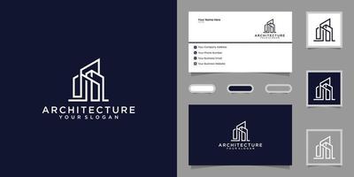 Simple modern building architecture logo design with skyscraper line art design template and business card vector