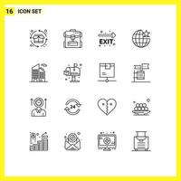 User Interface Pack of 16 Basic Outlines of office stare exit internet global Editable Vector Design Elements