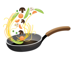 Spaghetti with vegetables cooking in a pan png
