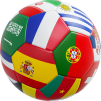 balón de fútbol con patrón de banderas internacionales y textura de cuero. aislado . representación 3d png