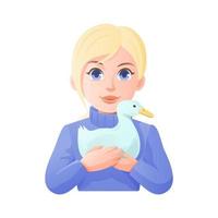 Girl holds a duck in her hands and hugs her vector