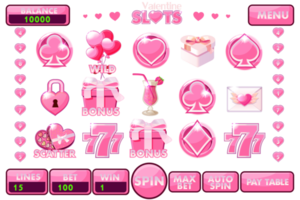 Interface slot machine style St. Valentine. Complete menu of graphical user interface and full set of buttons and icons png