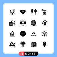 Modern Set of 16 Solid Glyphs Pictograph of music hobbies gift security car Editable Vector Design Elements