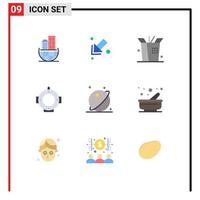 Mobile Interface Flat Color Set of 9 Pictograms of cooking space wok planet astronomy Editable Vector Design Elements