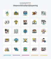 educación a distancia creativa y paquete de iconos llenos de 25 líneas de aprendizaje electrónico, como el enfoque. expediente. teoría. hora. CV