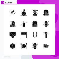 16 User Interface Solid Glyph Pack of modern Signs and Symbols of surprise gift diamond bag money Editable Vector Design Elements